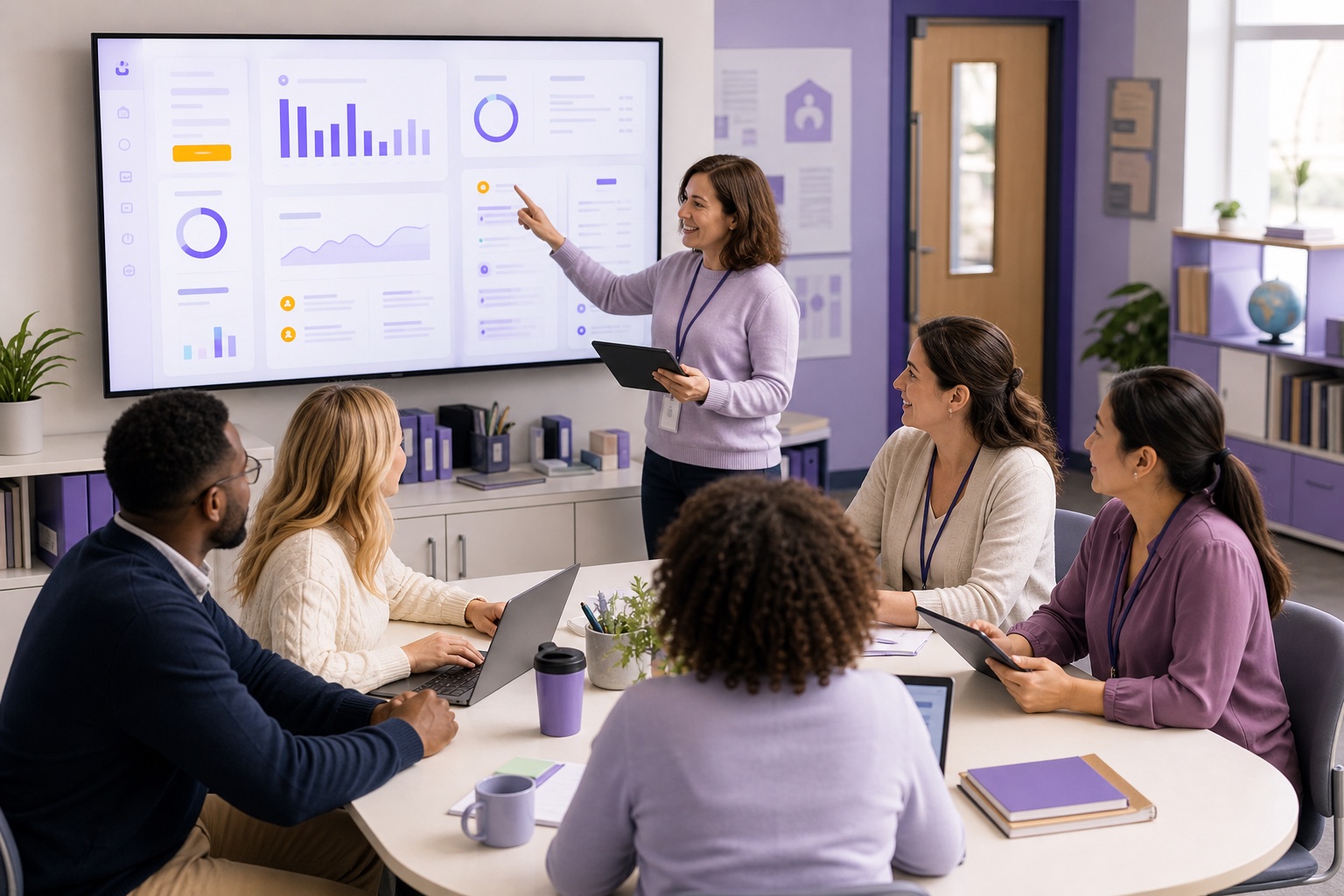 Equipo escolar revisando métricas y comunicaciones en una pantalla compartida